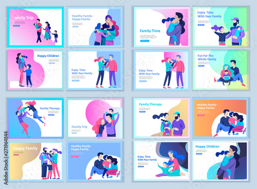 Set of Landing page templates happy family, travel and psychotherapy, family health care, goods entertainment for mother father and their children. Parents with daughter and son have fun togethers