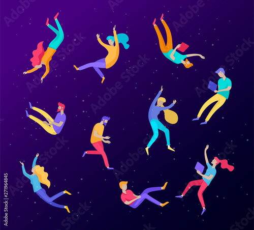 Inspired People flying in space and interacting with gadgets and papers. Characters set moving and floating in dreams, imagination and inspiration. Flat design style, vector illustration.