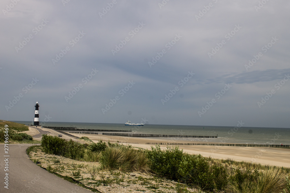 View of the dunes, beach with lighthouse, Breskens, Zeeland