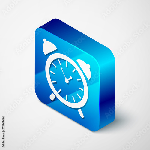 Isometric Alarm clock icon isolated on white background. Wake up, get up concept. Time sign. Blue square button. Vector Illustration