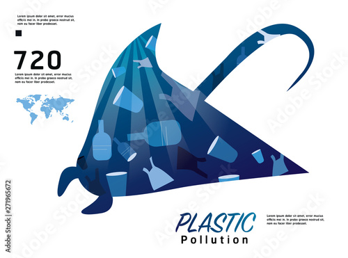 Plastic pollution in ocean environmental problem. Stingray filter feeds in polluted ocean. . flat infographic design vector illustration