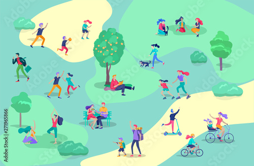 People Spending Time, Relaxing on Nature, family and children performing sports outdoor activities at park, walking dog, doing yoga, riding bicycles, tennis workout. Cartoon vector illustration