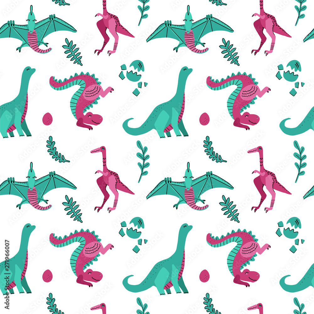 Plakat Cute childish seamless vector pattern with dinosaurs with eggs, plants. Funny cartoon dinos on white background. Hand drawn doodle design for girls, children illustration for fashion clothes, fabric