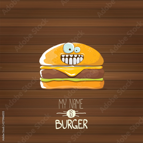 vector cartoon tiny burger character with cheese, meat and salad icon isolated on wooden background. my name is burger vector concept illustration