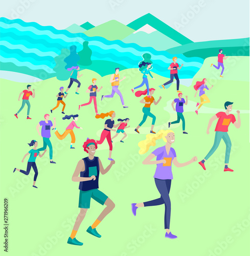 People Marathon Running Sport race sprint, concept illustration running men and women wearing sportswer in landscape. Jogging at Training. Healthy Active Speed Exercise. Cartoon Vector Illustration