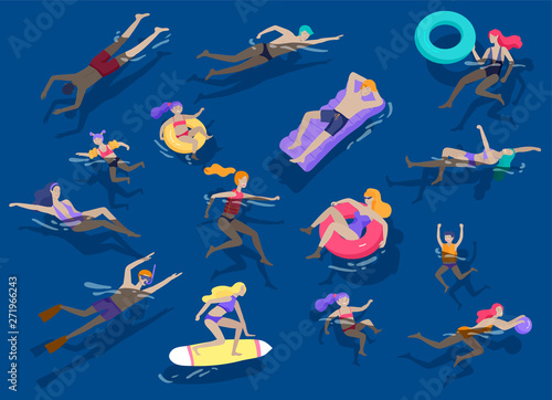 People family and children in sea, pool or ocean performing activities. Men or women swimming in swimwear, diving, surfing, lying on floating air mattress, playing ball. Cartoon vector illustration