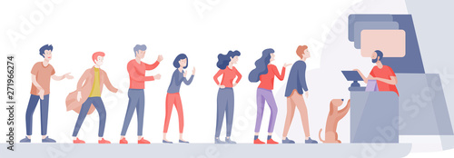 Angry People queue in supermarket with cashier, where to buy concept of shop assistant. Selling interaction, purchasing process. Dissatisfied and tired customer scream and swear