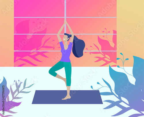 Young Man and woman meditate, sitting in yoga posture, performing aerobics exercise at home. Physical and spiritual practice yoga lesson. Mental health concept. Vector illustration cartoon