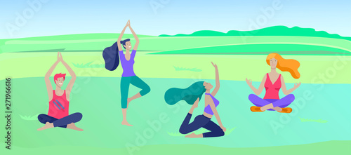 Young Man and woman meditate, sitting in yoga posture, performing aerobics exercise at park nature. Physical and spiritual practice yoga lesson. Mental health concept. Vector illustration cartoon