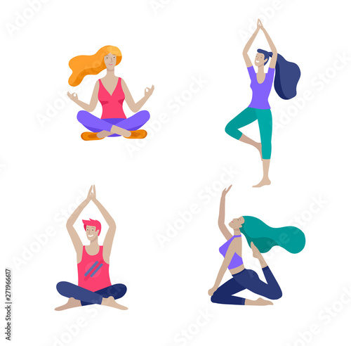 Young Man and woman meditate, sitting in yoga posture, performing aerobics exercise at home. Physical and spiritual practice yoga lesson. Mental health concept. Vector illustration cartoon