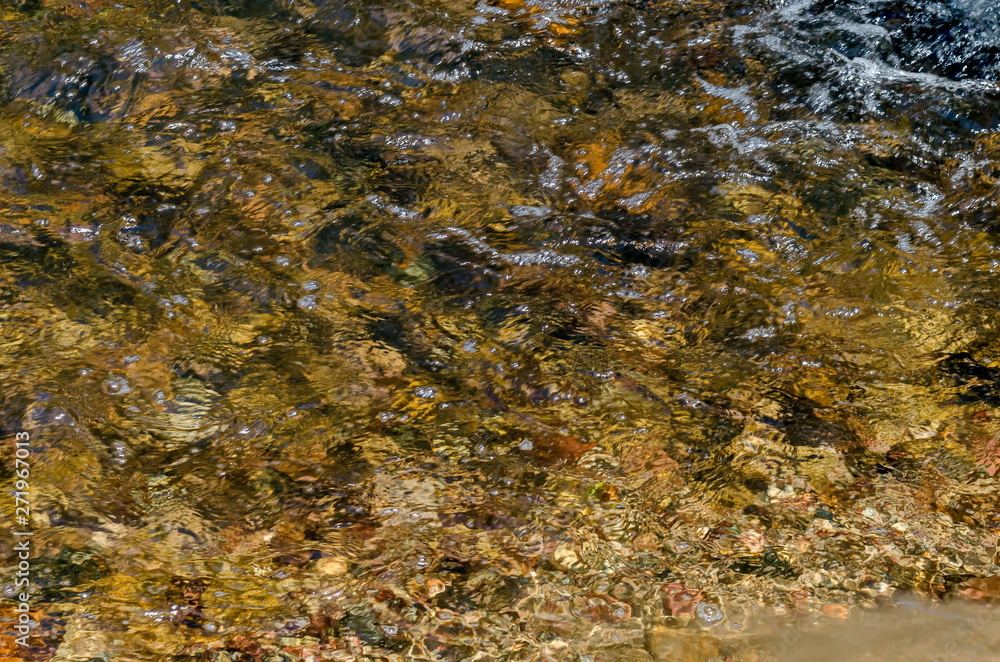 Interesting natural background of water with reflection at river Iskar, Lozen mountain, Bulgaria 