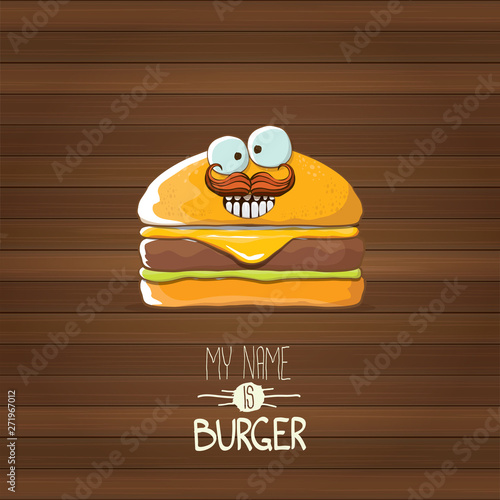 vector cartoon tiny burger character with cheese, meat and salad icon isolated on wooden background. my name is burger vector concept illustration