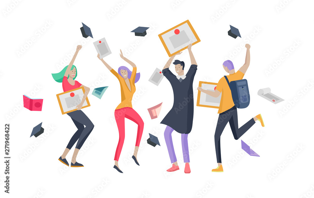 Group Graduating Animation Group smiling graduates people in graduation gowns holding diplomas and ...