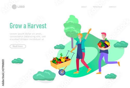 landing page template Harvesting and gardening people, woman and man doing farming and garden job, planting, lay ripe vegetables to box. Reaping crop concept