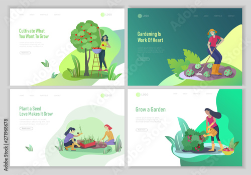 landing page template with happy Harvesting tips and gardening people doing farming job, grow garden, watering, planting, growing and transplant sprouts, lay vegetables. Cartoon character illustration