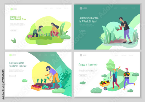 landing page template with happy Harvesting tips and gardening people doing farming job, grow garden, watering, planting, growing and transplant sprouts, lay vegetables. Cartoon character illustration