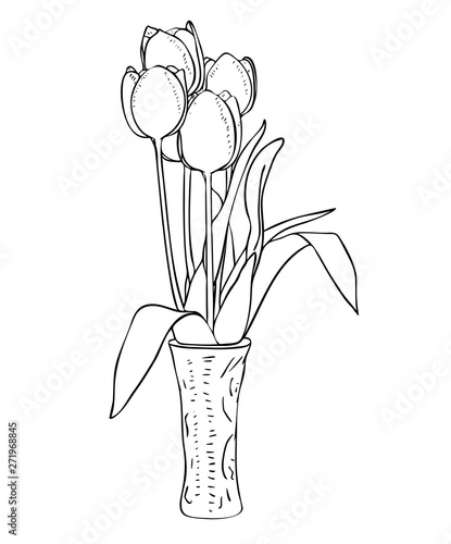 Vector illustration, isolated tulip flowers bouquet with leaves in vase in black and white colors, outline hand painted drawing