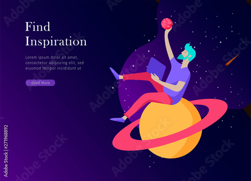 landing page template. Inspired People flying. Create your own spase. Character moving and floating in dreams, imagination and freedom inspiration design work. Flat design style