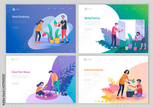 landing page template people home cleaning, washing dishes, fold clothes, cleaning window, carpet and floor, wipe dust, water flower. Vector illustration cartoon style