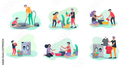Scenes with family doing housework, kids helping parents with home cleaning, washing dishes, fold clothes, cleaning window, carpet and floor, wipe dust, water flower. Vector illustration cartoon style