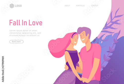 landing page template with Happy Lover Relationship, online dating scenes with romantic couple kissing, hugging, walking. Characters Valentine day Set. Colorful vector illustration