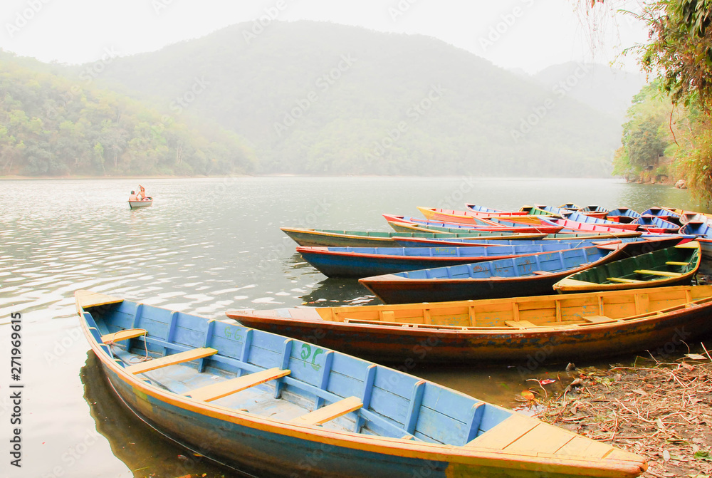 Boats around Phewa Lake in Pokhara,Nepal.