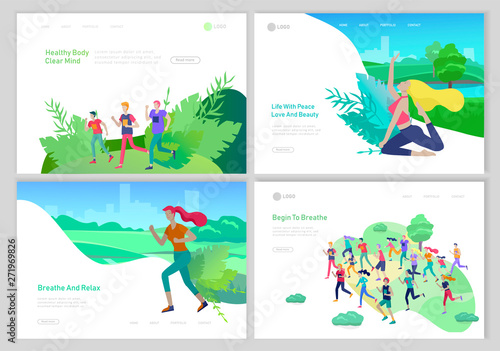 Landing page template with running group People, girl doing yoga workout, woman run. Healty life concept. People performing sports outdoor activities at park or Nature. Cartoon illustration