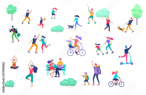 People Spending Time, Relaxing on Nature, family and children performing sports outdoor activities at park, walking dog, doing yoga, riding bicycles, tennis workout. Cartoon vector illustration