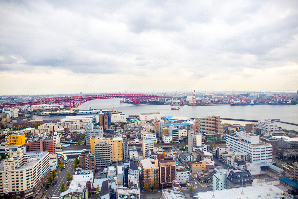 A panoramic view of Osaka cityscape with Minato bridge.