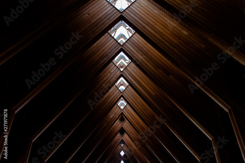 Abstract Architecute Background. Angled Beams of Wooden Chapel.