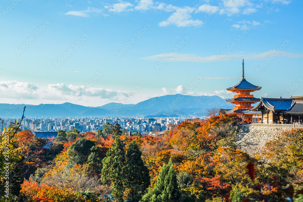 Naklejka premium Oszałamiająca panorama miasta Kioto z kolorowymi liśćmi klonu i pagodą na pierwszym planie w Kiyomizu-dera.