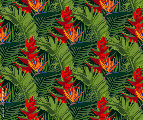 Vector tropical flowers and leaves pattern. Exotic seamless pattern ornament. Vector pattern.  © Artmirei