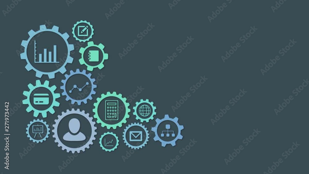 cogwheels animation with business icons, seamless loop, luma matte, alpha mask, copyspace cogwheels animation with business icons, seamless loop, luma matte, alpha mask, copyspace