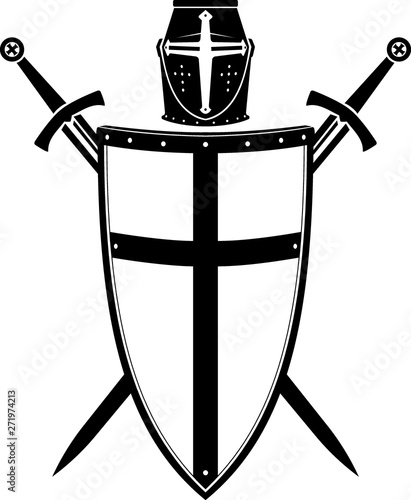 Crusader Coat Armor, Emblem of Medieval Helm, Long Sword and Shield