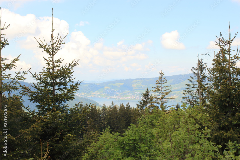 Naklejka premium Beautiful panoramic landscape: mountain valley with lake, village in Swiss Alps on summer day. Outdoor. Travel to Switzerland. Selective focus.