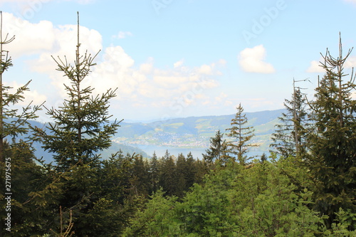 Beautiful panoramic landscape: mountain valley with lake, village in Swiss Alps on summer day. Outdoor. Travel to Switzerland. Selective focus.