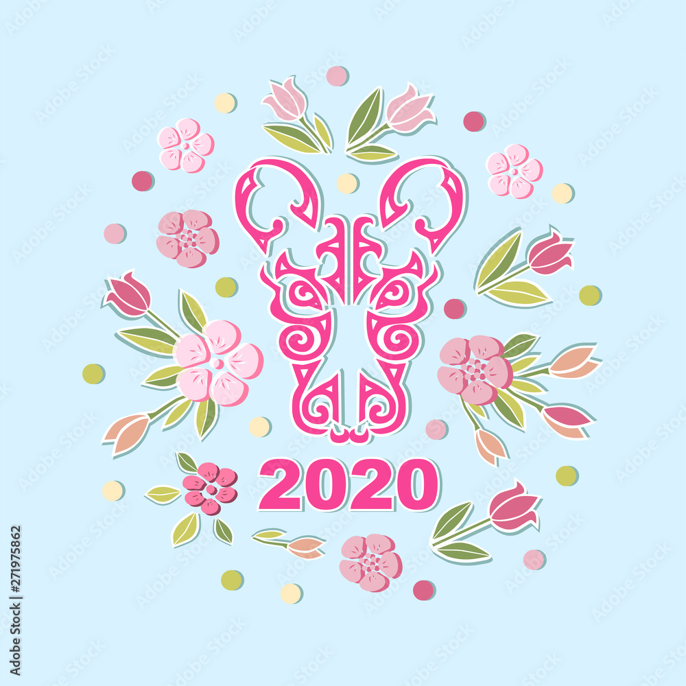 Rat Head isolated on background with flowers. Rat head as logo, badge, icon. Template for party invitation, greeting card, pet shop, web. Symbol of Chinese New Year 2020.