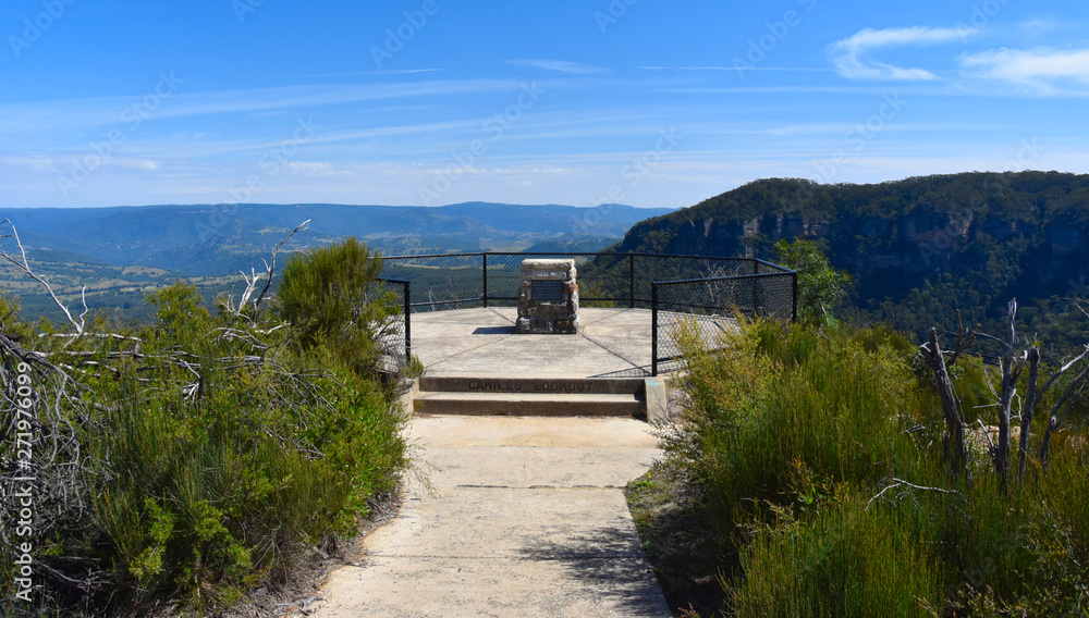 Katoomba, Australia - March 23, 2019. Scenic views of Megalong Valley from Cahill's lookout in Blue Mountains.