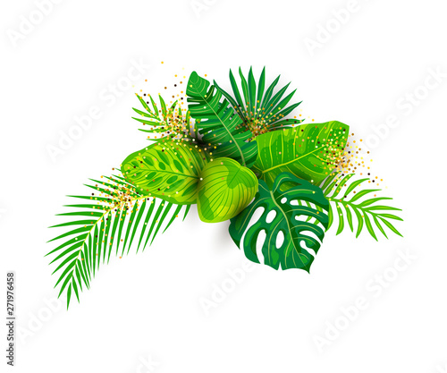 Tropical exotic leaves with golden confetti vector illustration isolated on white background. Design element with shadow for poster, web, flyers, invitation, postcard, t-shirt design.