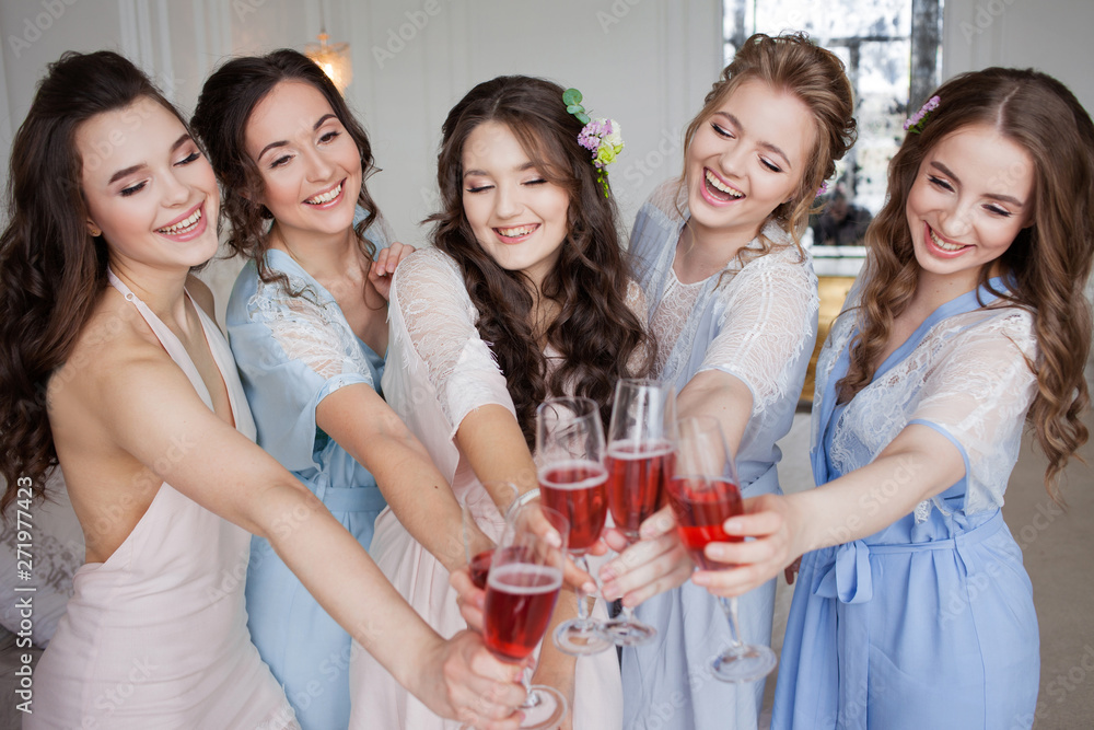 Cheerful young girlfriends raise a toast and clink glasses. Cheerful young girlfriends raise a toast and clink glasses.
