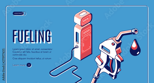 Fueling, gas, gasoline, diesel station isometric web banner. Oil pistol with nozzle on hose and drop of ethanol on blue background. Car filling petroleum company landing page. 3d vector, line art.
