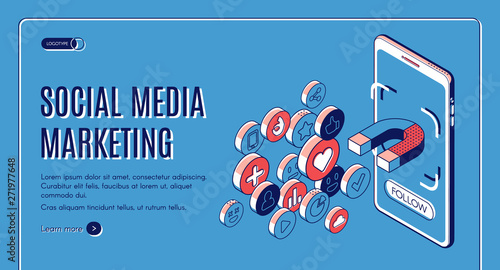 Social media marketing isometric web banner. Influencer concept with magnet attracting likes, feedbacks and followers from smartphone screen. Smm strategy, campaign 3d vector, line art, landing page