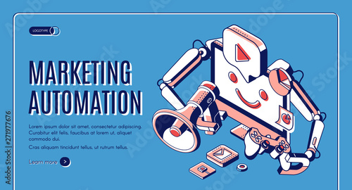 Marketing automation isometric web banner. Technology for SEO, internet, digital business content. Computer with robot hands holding megaphone and joystic, 3d vector, line art, landing page banner