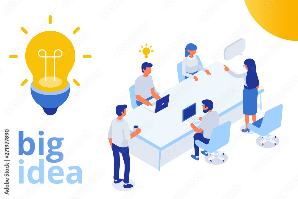 Isometric business people with big Light Bulb Idea. People working together on new Project. Creativity, Brainstorming, Innovation concept. Flat Vector illustration.	