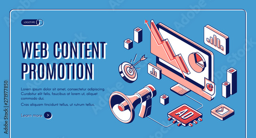 Web content social media promotion web banner, digital marketing, e-commerce, data analysis tool, loudspeaker, column charts on computer screen. advertising and promo 3d vector landing page, line art