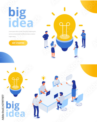 Isometric business people with big Light Bulb Idea. People working together on new Project. Creativity, Brainstorming, Innovation concept. Flat Vector illustration.	