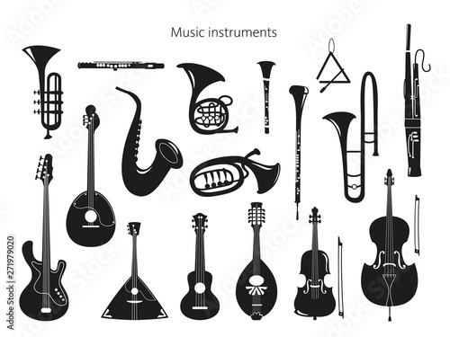 Set of musical instruments on the white background.