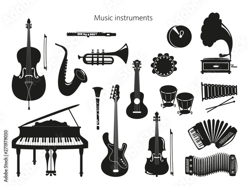 Set of musical instruments on the white background.