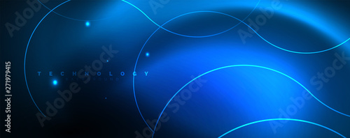 Trendy neon blue abstract design with waves and circles. Neon light glowing effect. Abstract digital background.