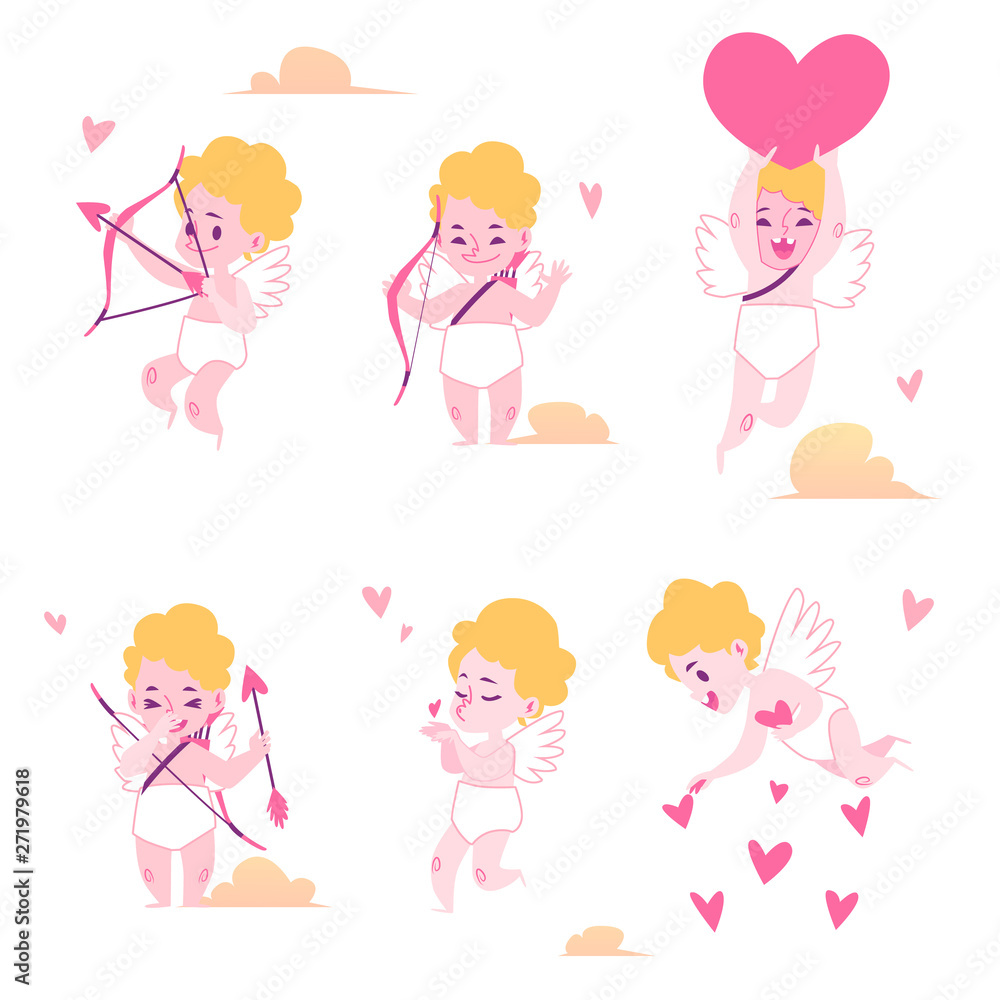 Set of cute blond baby boy angels, cupids and amurs with bows, arrows and hearts. Set of cute blond baby boy angels, cupids and amurs with bows, arrows and hearts.